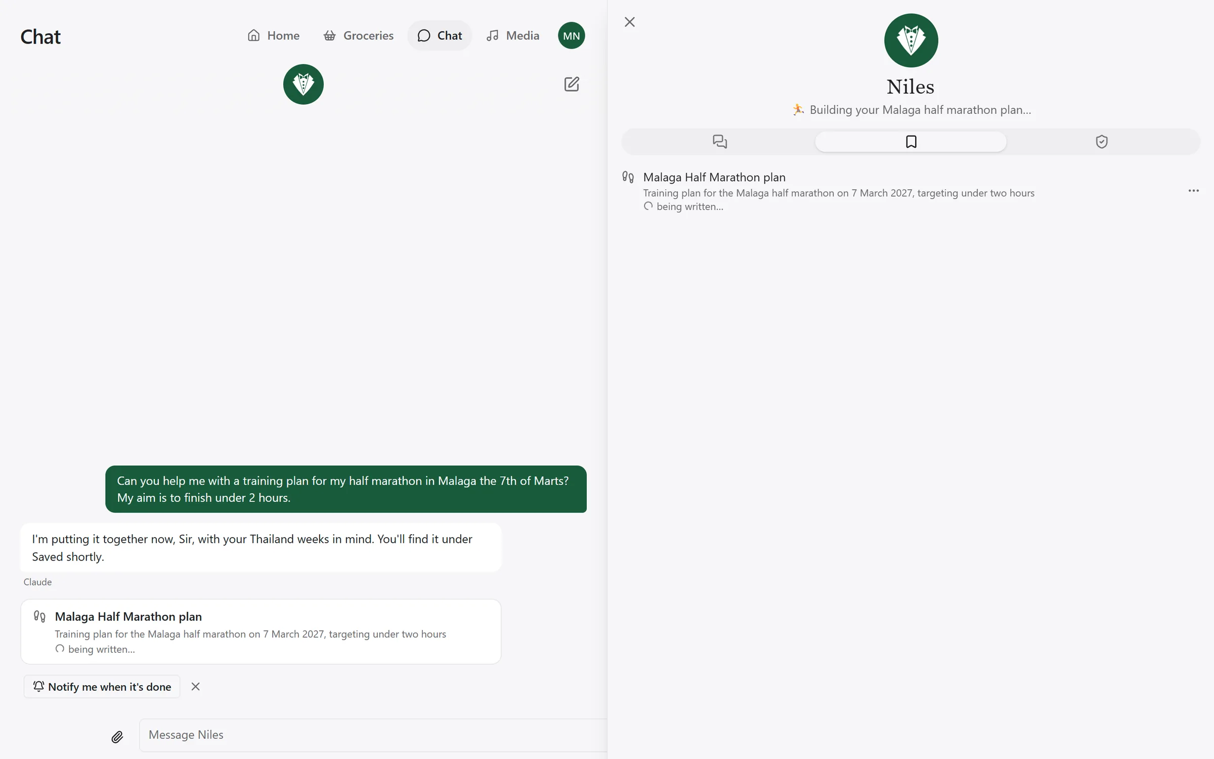 The chat, where a half-marathon training plan was asked for, beside Niles's panel open on Saved, where the plan is listed while it is written.